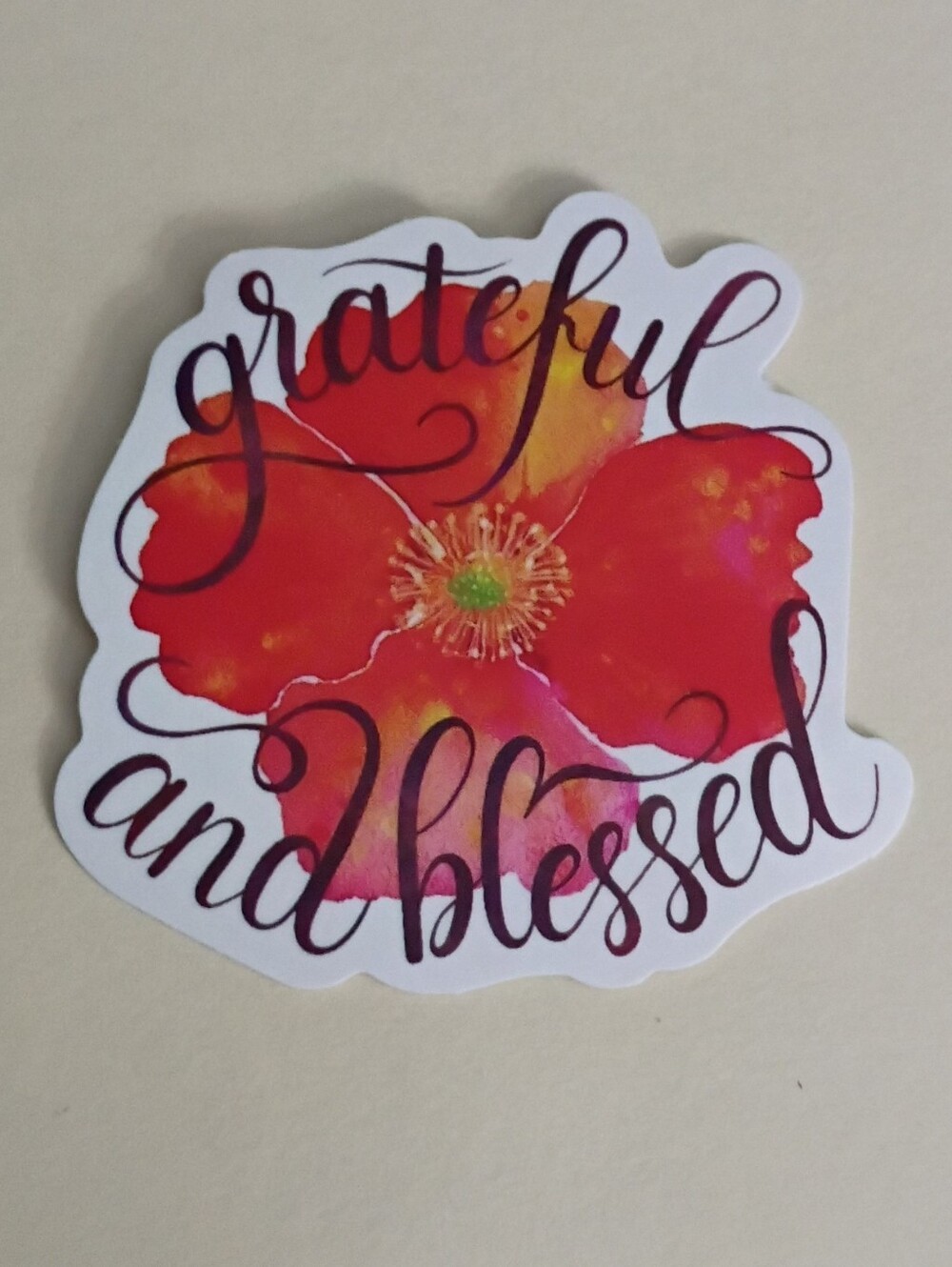 10/$10 Sticker - Grateful And Blessed - Purple Text Cursive Font & Orange Flower